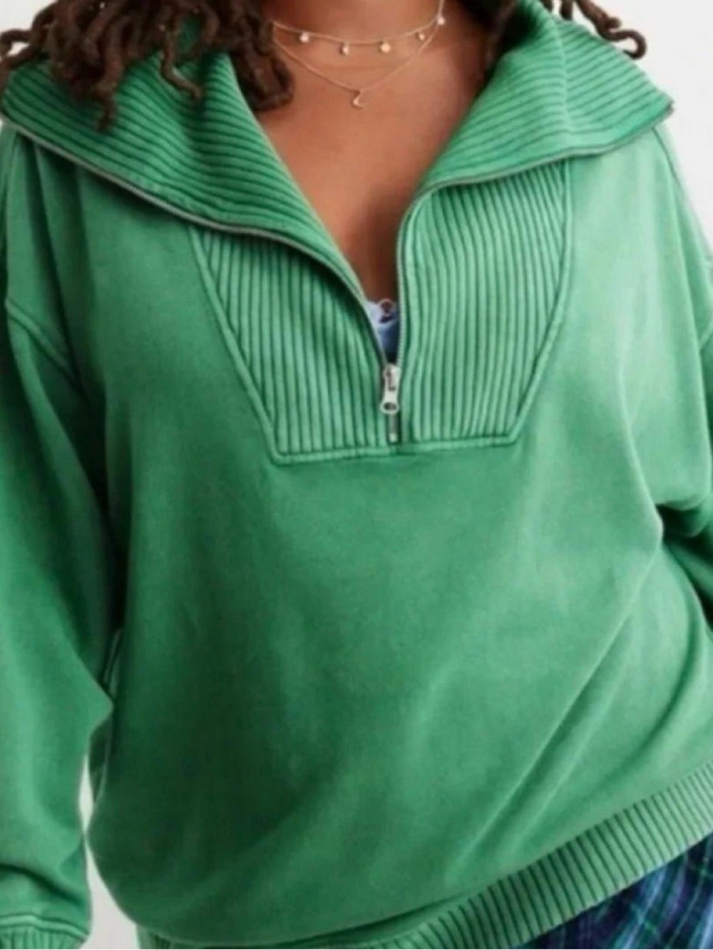 aerie Green Ribbed Half-Zip Pullover Sweatshirt